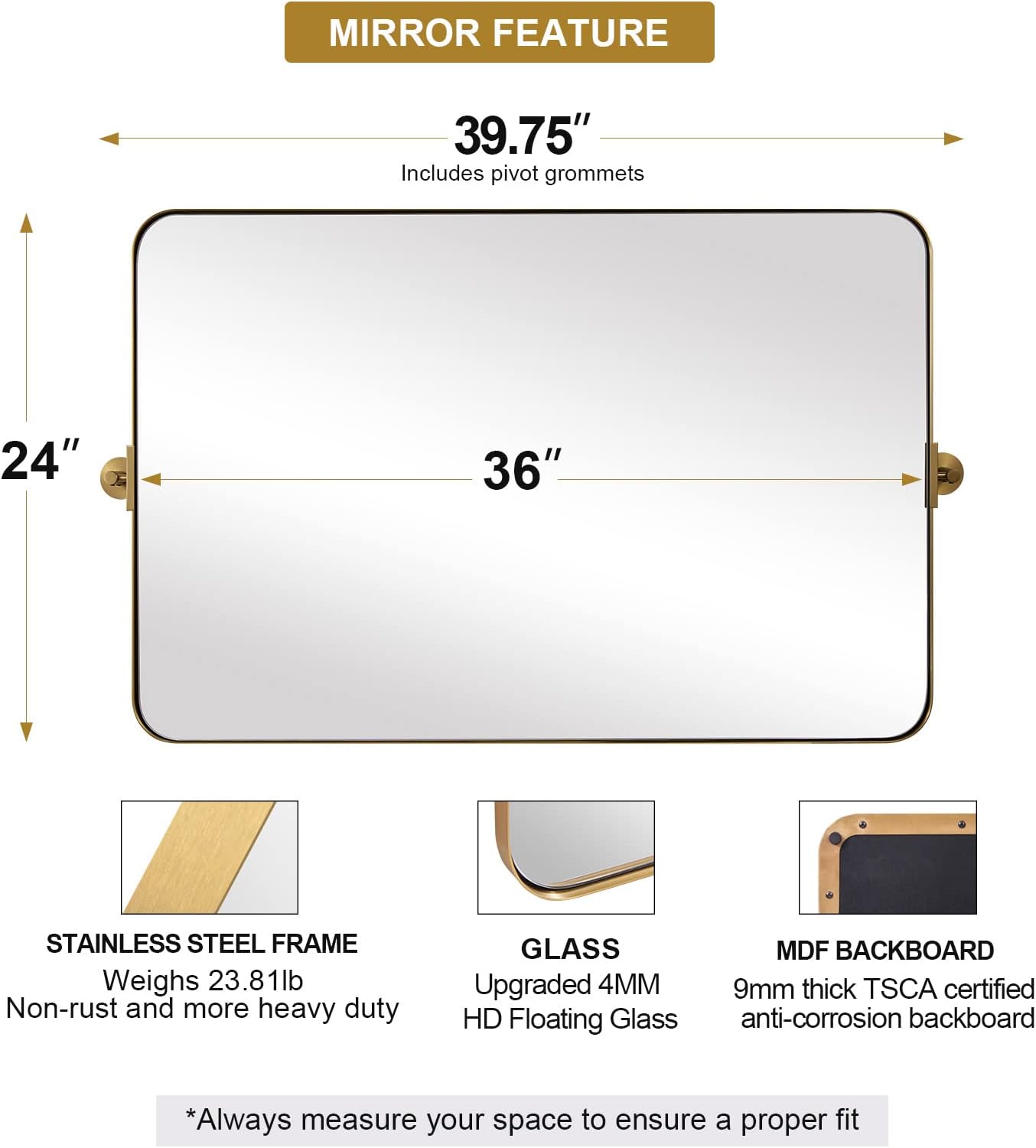 MOON MIRROR 36" x 24" Brushed Gold Rectangle Bathroom Mirror, Tilting Rounded Rectangular Metal Framed Pivot Wall Mirror, Hangs Horizontally Only(Overall 39.75" x 22")