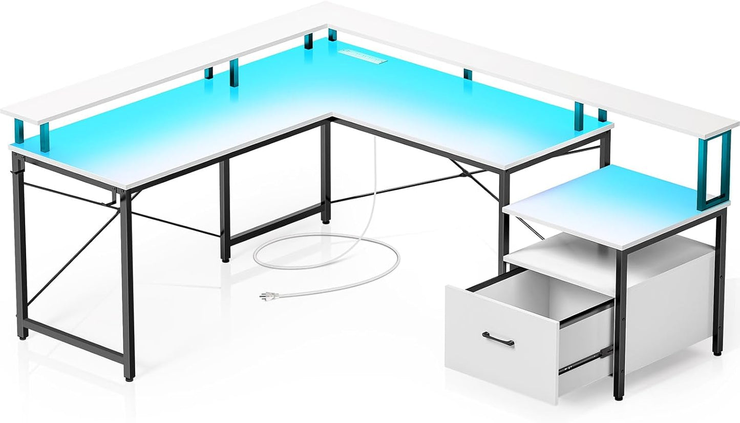 Rolanstar Computer Desk with File Drawer, 64" L Shaped Desk with Power Outlet & LED Strip, L Shaped Computer Corner Desk with File Cabinet, Gaming Desk with Monitor Shelf, Home Office Desk, White