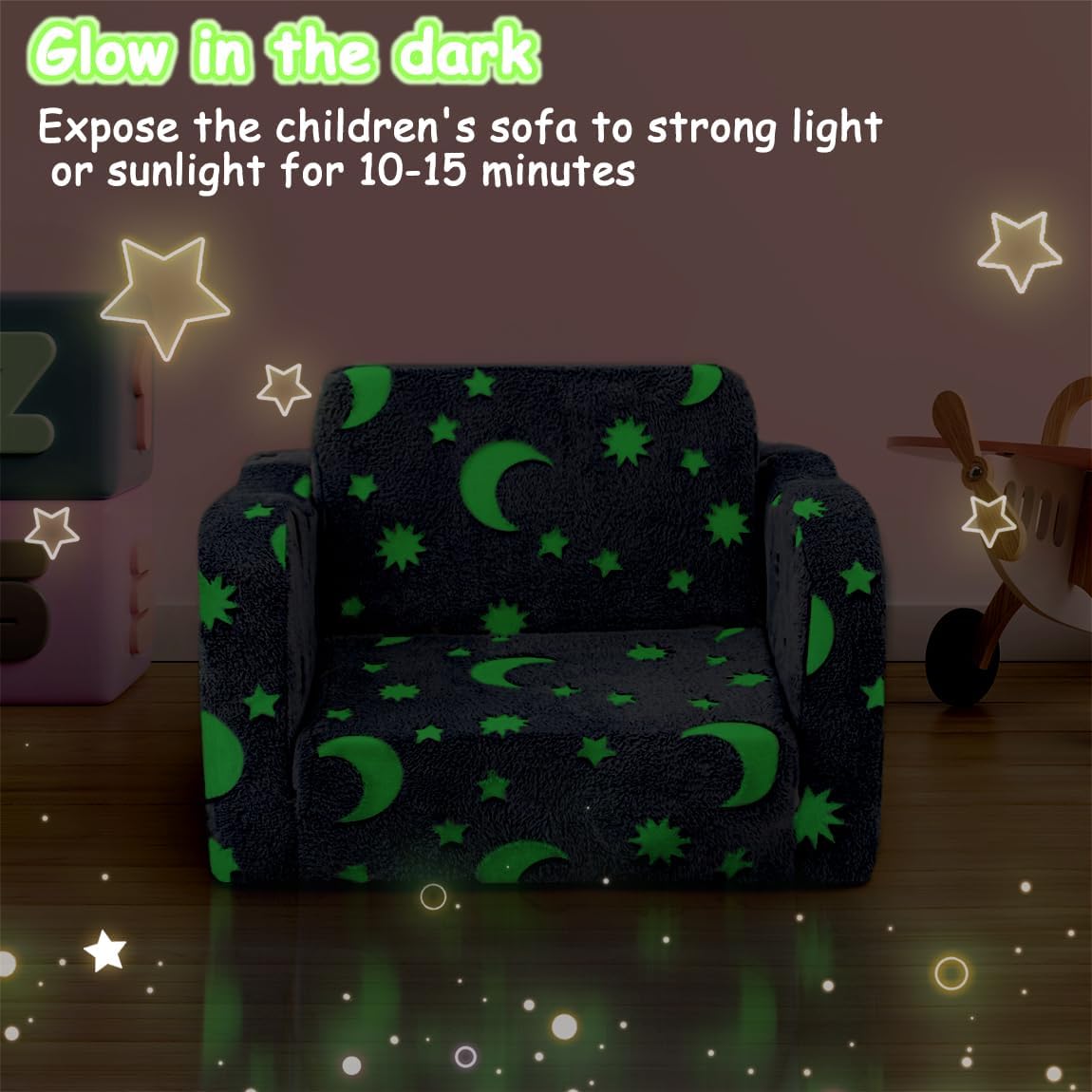 Kids Toddler Chair, 2-in-1 Toddler Couch Fold Out, Convertible Chairs for Toddlers Comfy Sofa to Lounger with Glow in The Dark Feature, Soft for Girls and Boys, Glowing Starry Sky