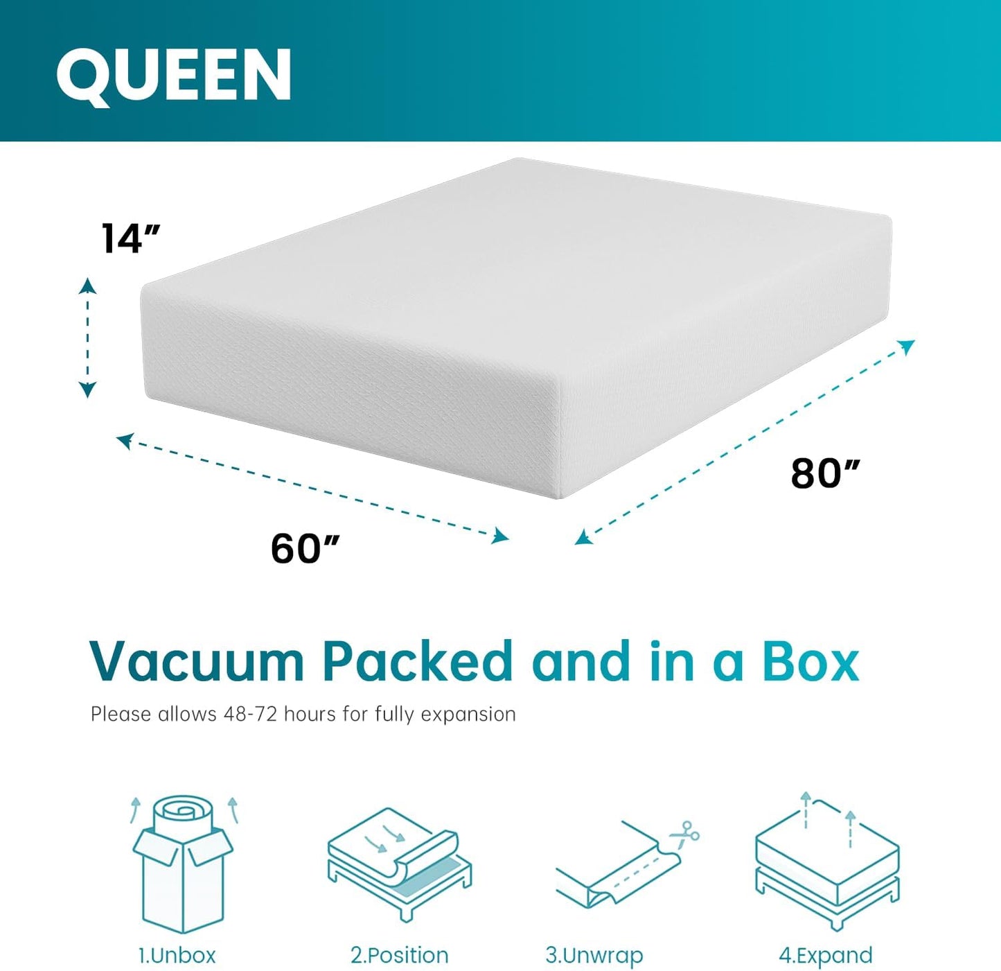 FDW | 14 Inch Queen Mattress | Medium Firm | Gel Memory Foam Mattress | White | Bed in a Box, CertiPUR-US Certified | Pressure Relief, Cooling Ventilated Foam | Washable Removable Cover