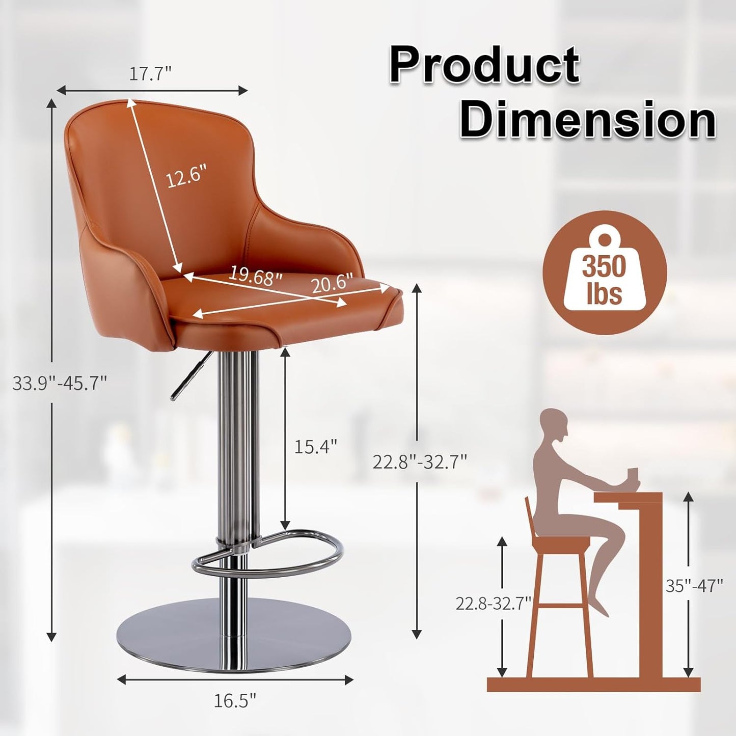 CozyRain Bar Stools Adjustable Stainless Steel Swivel Barstool with Back and Footrest,Modern Leather Upholstered Bar Chairs for Home,Kitchen,Bar, Counter Orange/Grey (2pcs Brown)