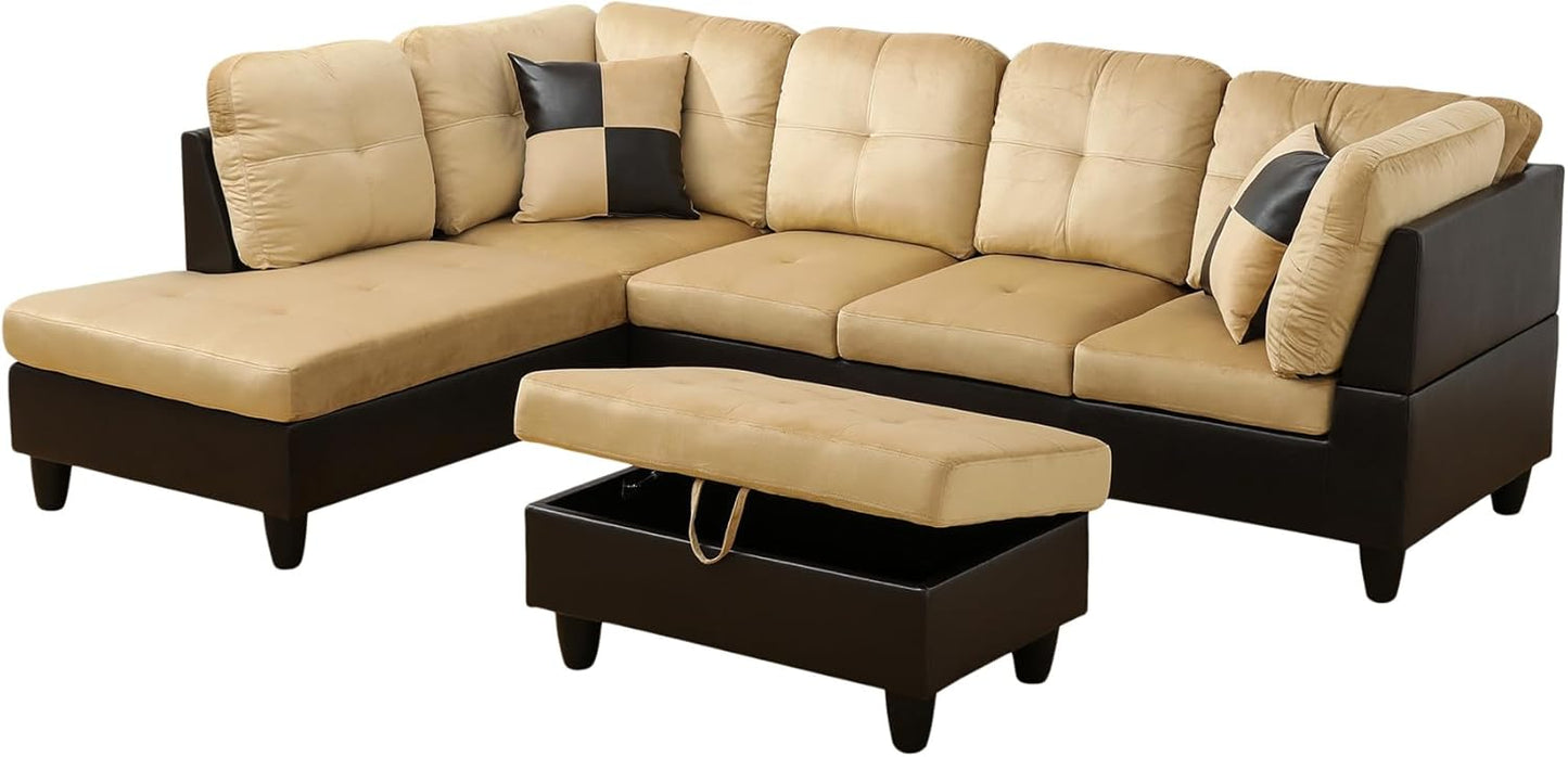 L Shaped Couch Modern Sectional Couch Upholstered Lint Fabric 3 Pieces Sofas for Living Room with Chaise, Storage Ottoman for Office and Small Apartment, Beige and Brown