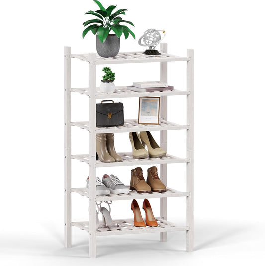 Haddockway small 6 Tier Bamboo Shoe Rack Storage Organizer, Multifunctional Free Standing Stackable Shoe Shelf with Grid Panel for Closet,Hallway,Entryway,Small Space 18"x11"x34"(White, 6-Tier(Small))
