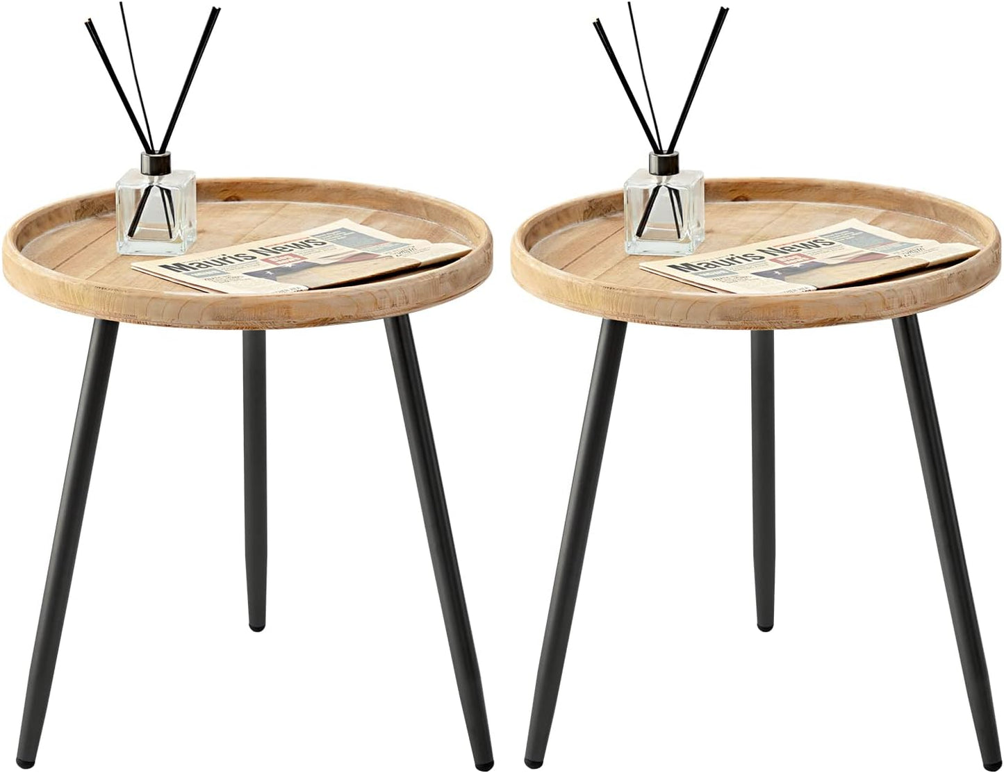 LITA 2 Pcs Round Side End Table, Nightstand Tables, Log Desktop, Wooden Tray Table with Black Metal Stand End Table for Living Room Bedroom Office Small Spaces (M)