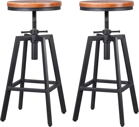 Diwhy Industrial Bar Stools, Kitchen Dining Chair, Wood Metal Stool, Adjustable Height Swivel Counter Height Chair, Black, Fully Welded Set of 2 (Brown Wooden Top)