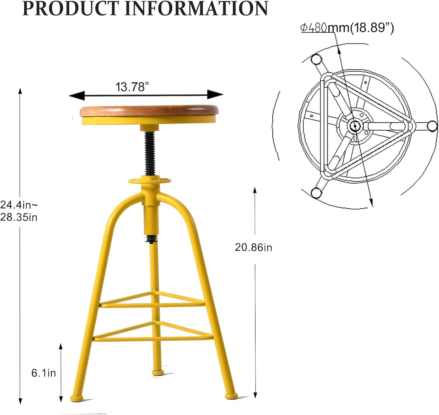 Topower Antique Industrial Design Metal Adjustable Height Bar Stool Kitchen Dining Breakfast Chair Wood Seat Counter Stool Set of 2
