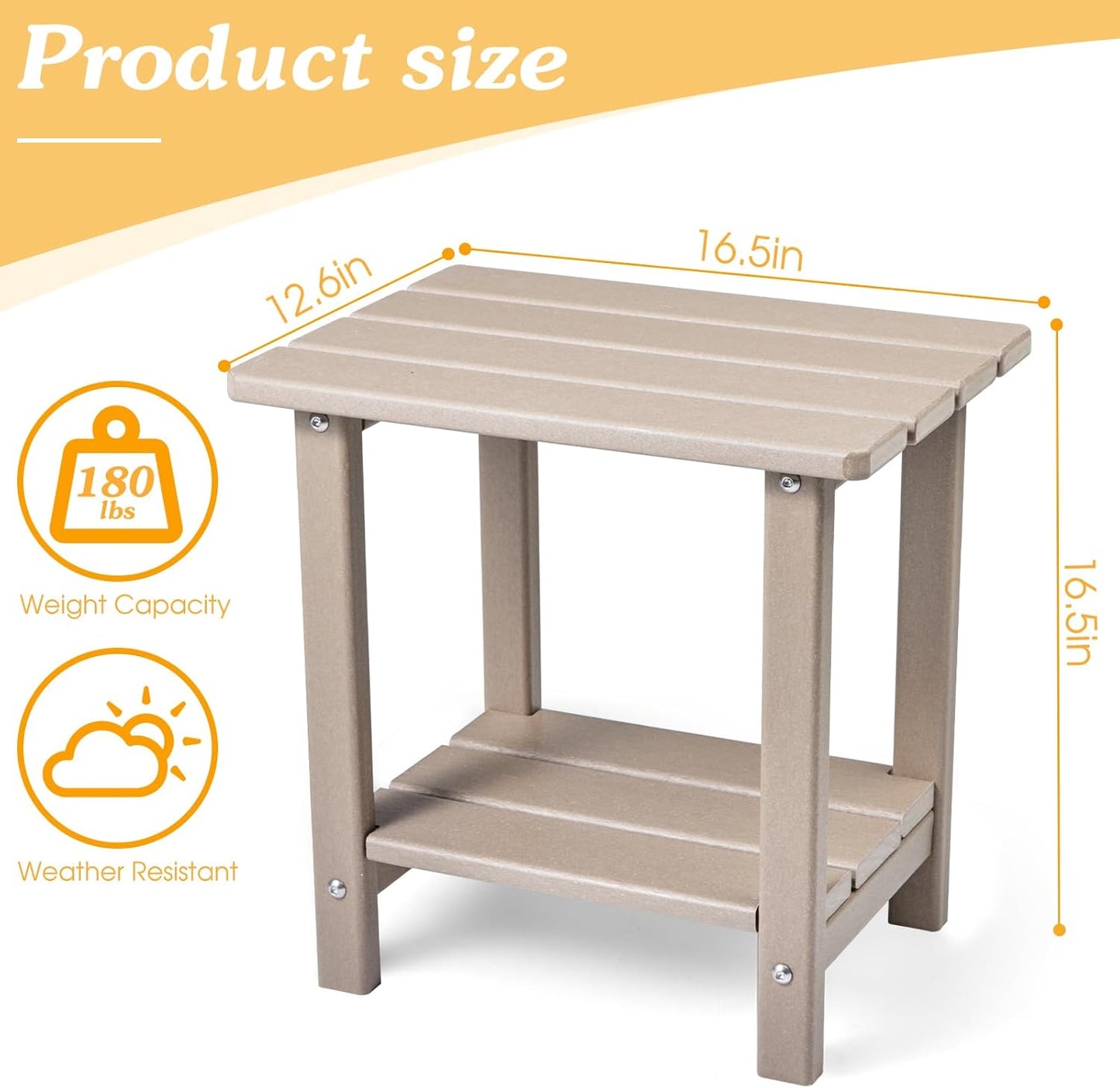 Adirondack Outdoor Side Table, 2-Tier Sturdy Patio End Table Weather Resistant, 16.5" Solid Side Table for Patio, Pool, Porch(Grayish Brown)