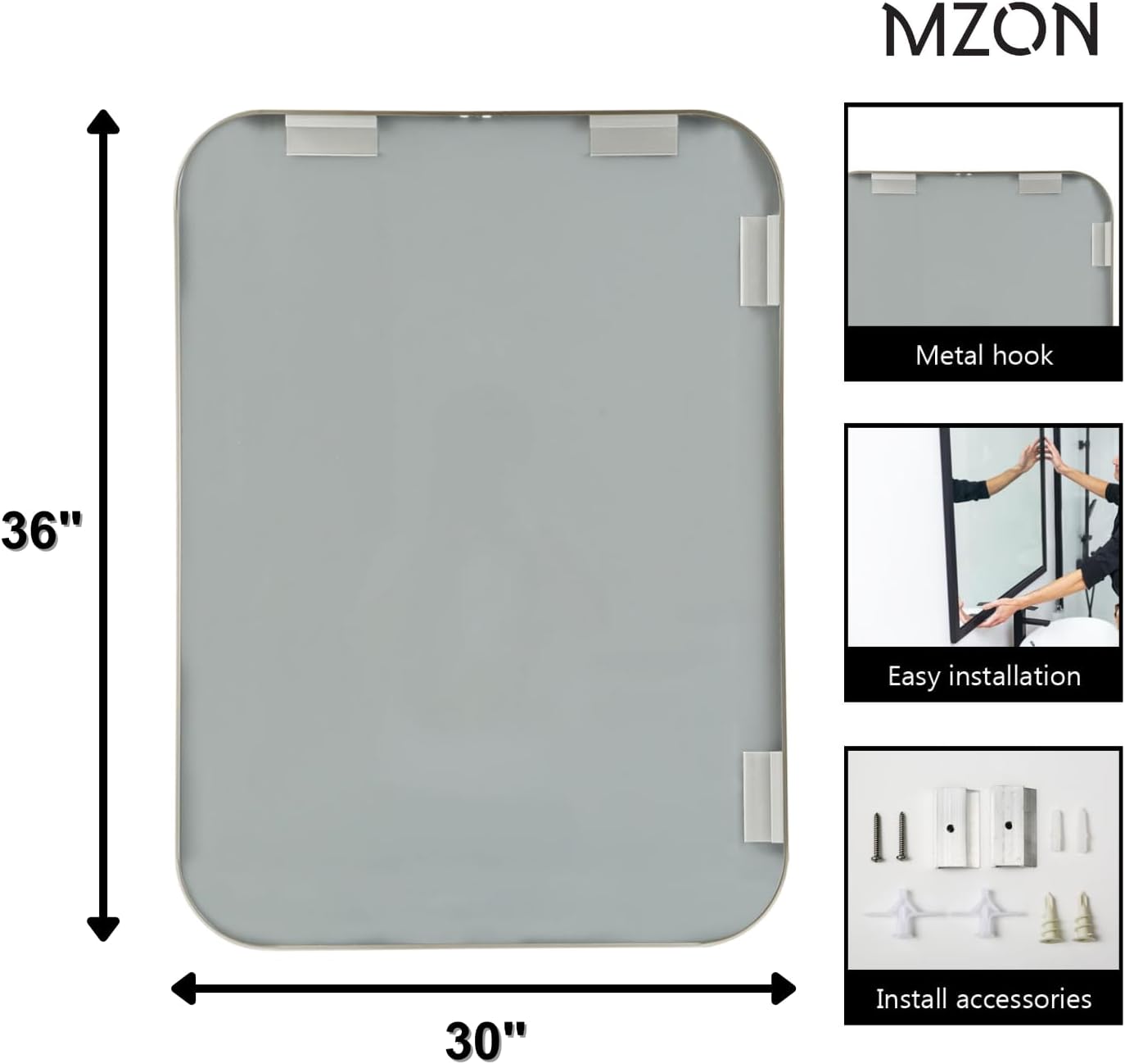 MZON 30x36Inch Brushed Nickel Bathroom Mirror, Large Rectangle Wall Mirror for Bathroom or Living Room, Anti-Rust Frame & Tempered Glass, Horizontal/Vertical Mount - Timeless&Elegance Wall Decor