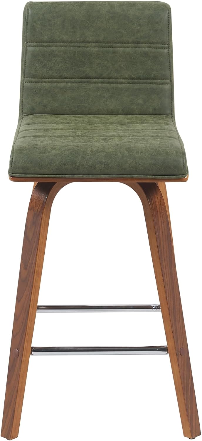 Armen Living Vienna Modern Swivel 26" Counter Height Barstool with Vintage Green Faux Leather and Walnut Wood Finish
