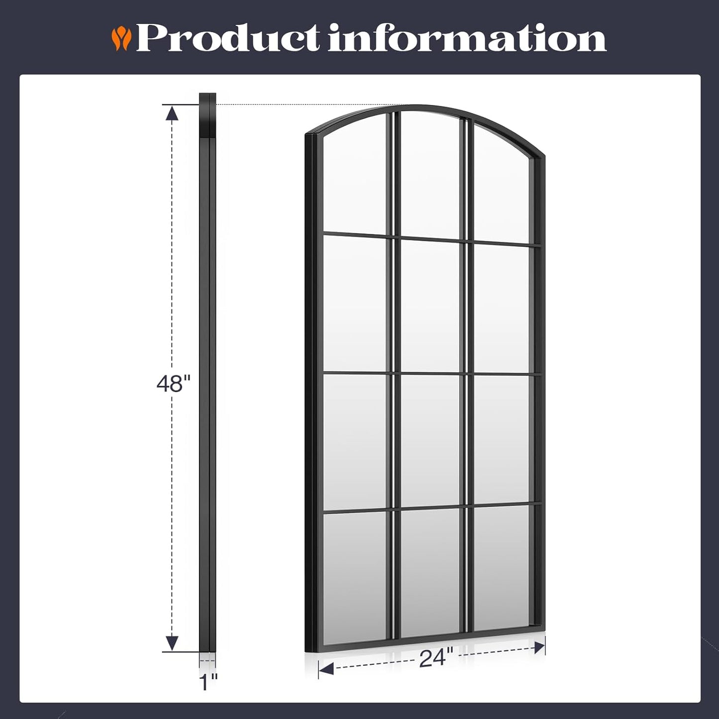 Arched Window Mirror, 24" x 48" Black Window Mirrors for Wall, Tall Farmhouse Grid Mirror for Living Room Bedroom Dining Room Fireplace Hallway Mantle Entryway