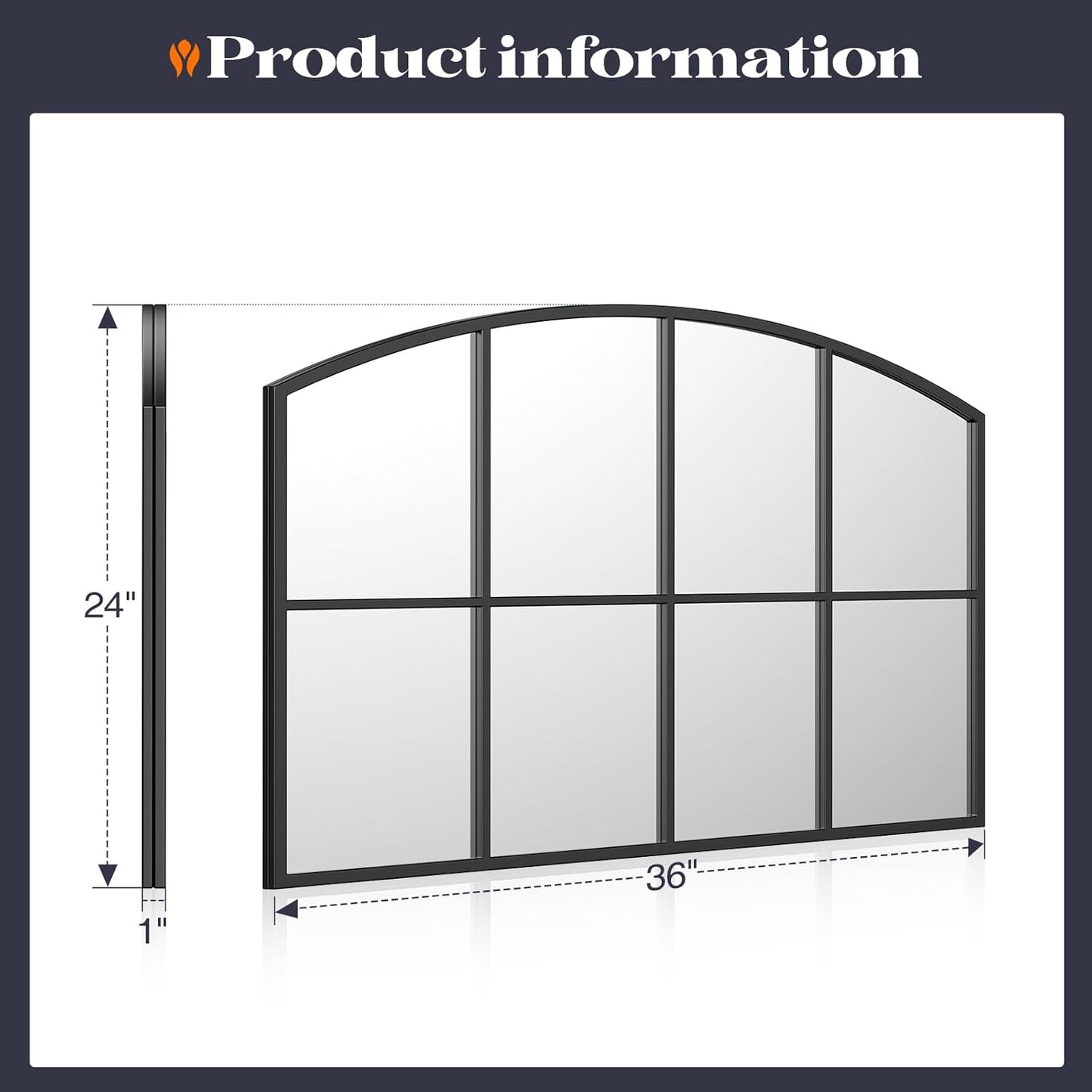 Window Pane Black Mirror, 36" x 24" Farmhouse Arched Window Mirror, Large Grid Mirror for Living Room Bedroom Fireplace Hallway Entryway