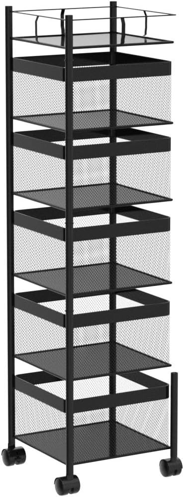 Fruit and Vegetable Basket for Kitchen No Assembly， Rotating Storage Rack,Bathroom Storage Shelf, Kitchen Organizers and Storage Cart on Rolling Wheels(Black, 5 Tier-Square)