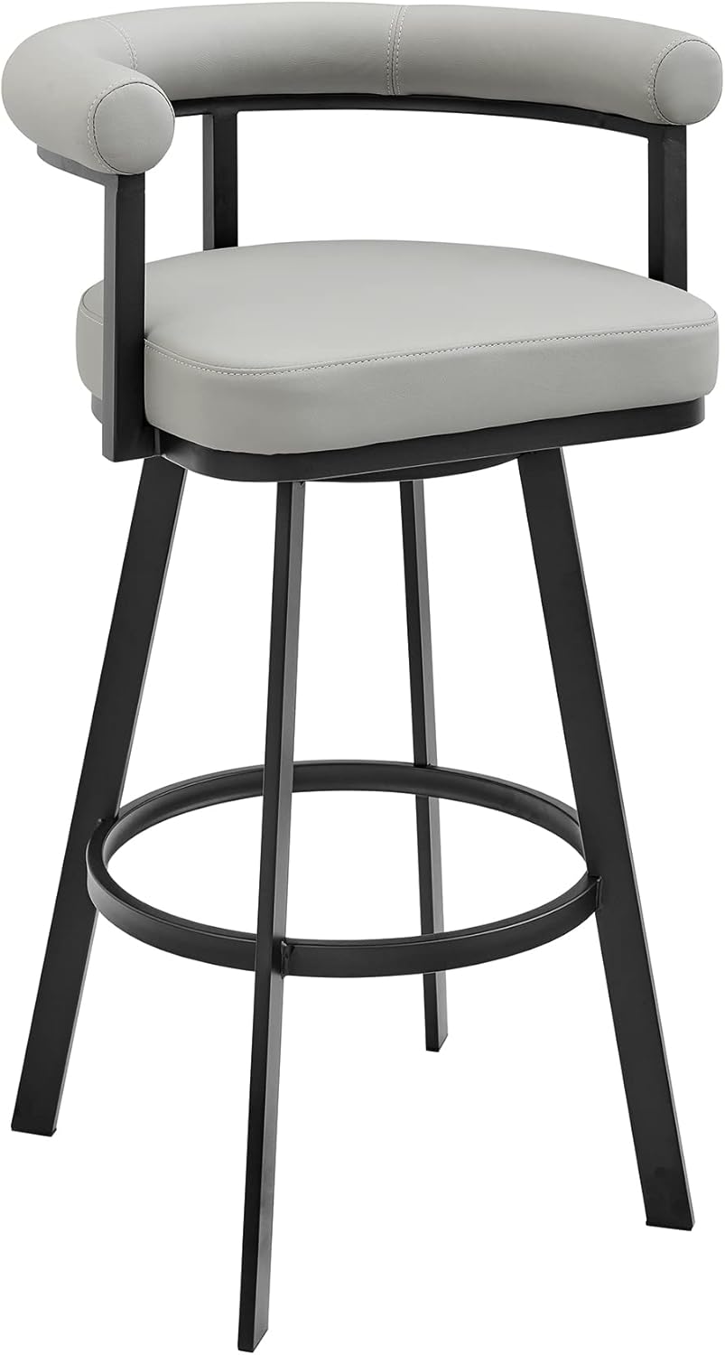 Armen Living Magnolia Swivel Bar Stool in Black Metal with Light Grey Faux Leather