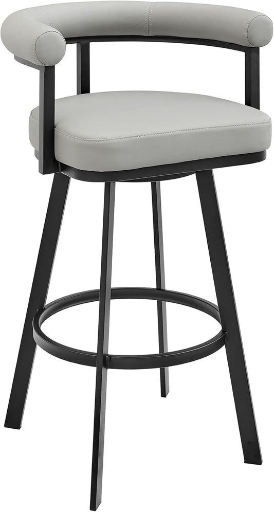 Armen Living Magnolia Swivel Counter Stool in Black Metal with Light Grey Faux Leather