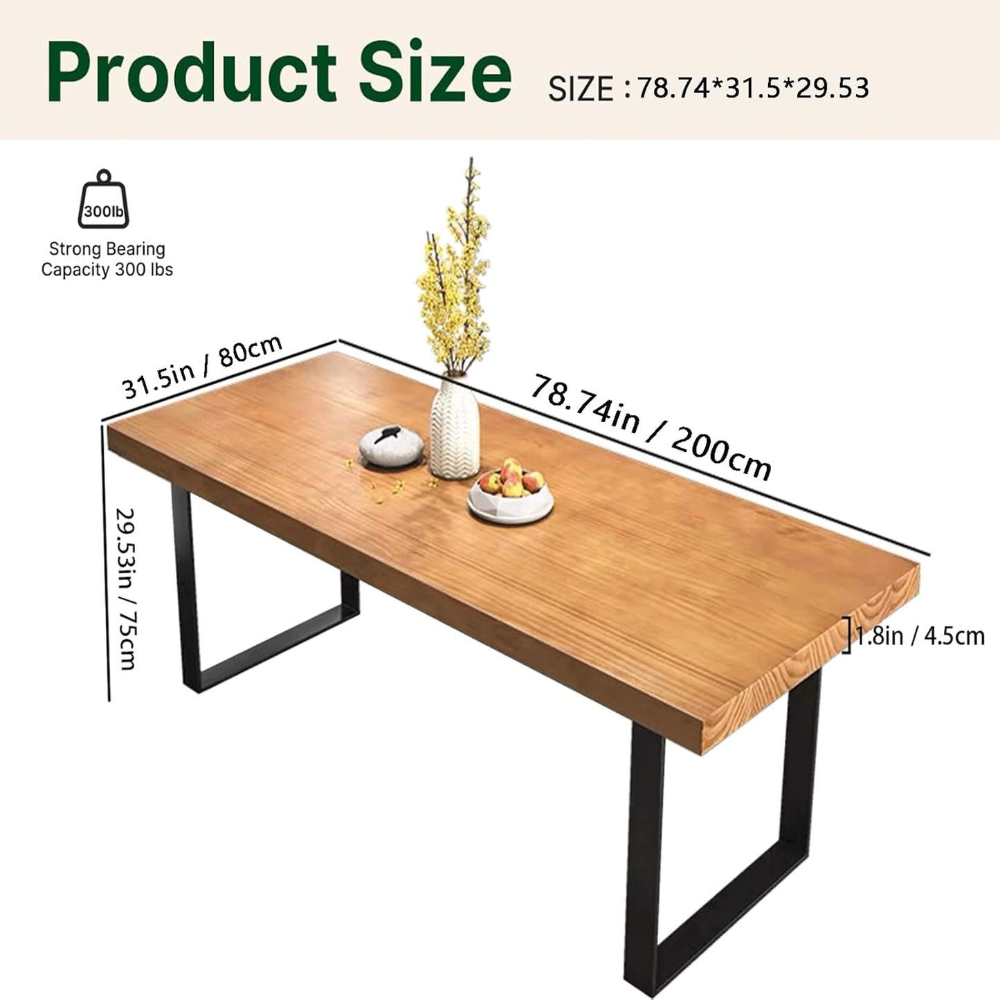 Stylish Modern Minimalist Solid Wood Dining Table with Sturdy Metal Base – Easy Assembly, Versatile Design for Dining Rooms, Living Rooms, and Offices (78.7 * 31.5 * 29.5)