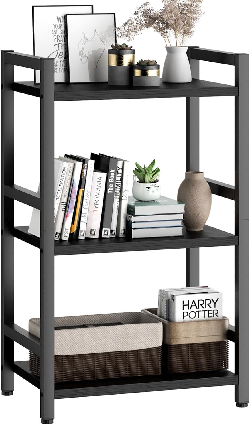 Book Shelf, 3 Tier Bookcase with Steel Frame, Stable Bookshelf Narrow Book Shelves Storage Organizer for Book CD Movie, Open Book Shelves for Living Room, Home Office, Study, Black