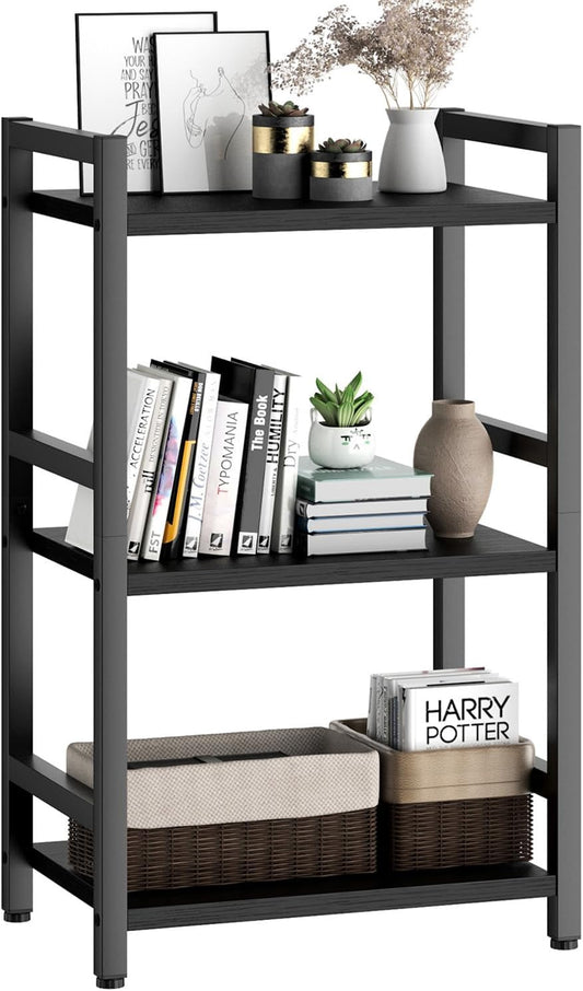 Book Shelf, 3 Tier Bookcase with Steel Frame, Stable Bookshelf Narrow Book Shelves Storage Organizer for Book CD Movie, Open Book Shelves for Living Room, Home Office, Study, Black