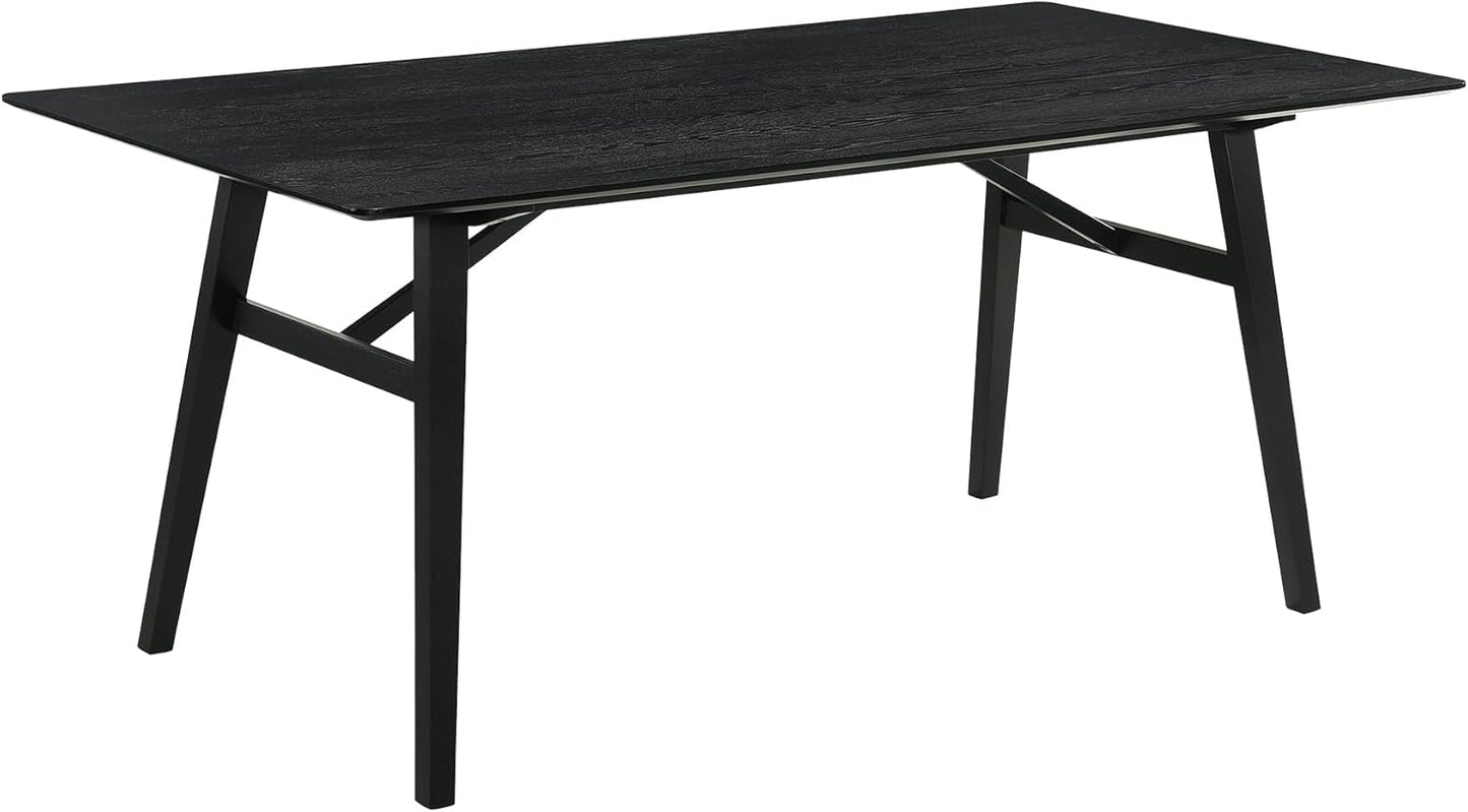 Armen Living Channell Mid Century Modern 6 Piece Black Wood Dining Table Set with Bench in Charcoal Fabric