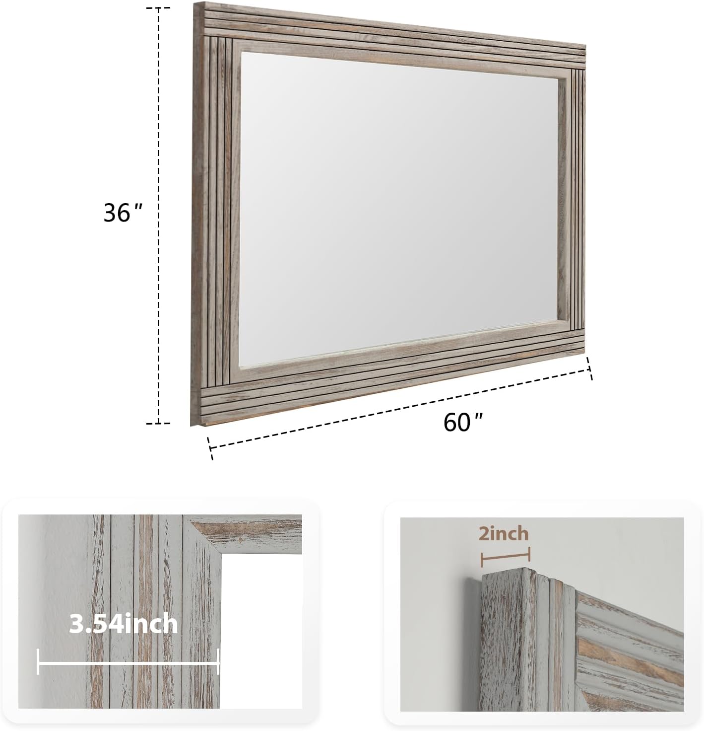 YOSHOOT Hand-Made Wooden Spliced Wall Mirror for Bathroom, Rustic Farmhouse Vanity Mirror, Décor Wall Art, Solid Wood Frame, Vertical or Horizontal Hanging, 60" x 36", Grey