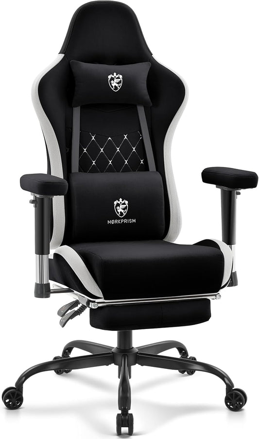 Gaming Chair Breathable Fabric,Computer Office Chair with Footrest,Massage Lumbar Support and Gel Pad,Ergonomic Reclining Gamer Chair with Adjustable Armrests and Spring Cushion Black Grey