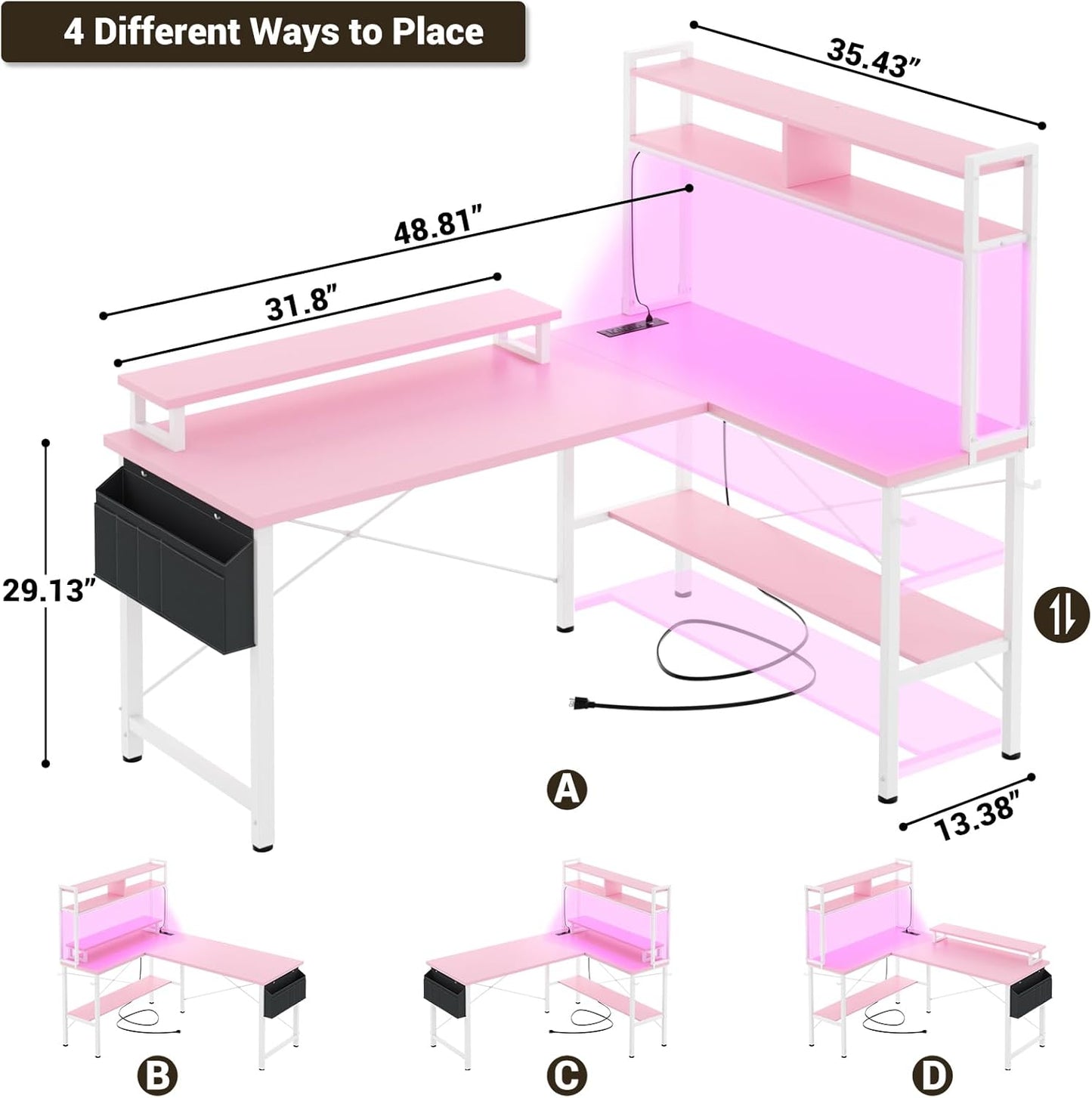 Aheaplus L Shaped Gaming Desk with Power Outlets & LED Lights, Small L- Shaped Desk Computer Corner Desk with Monitor Stand & Storage Shelf, Home Office Desk Writing Desk with Storage Bag, Pink