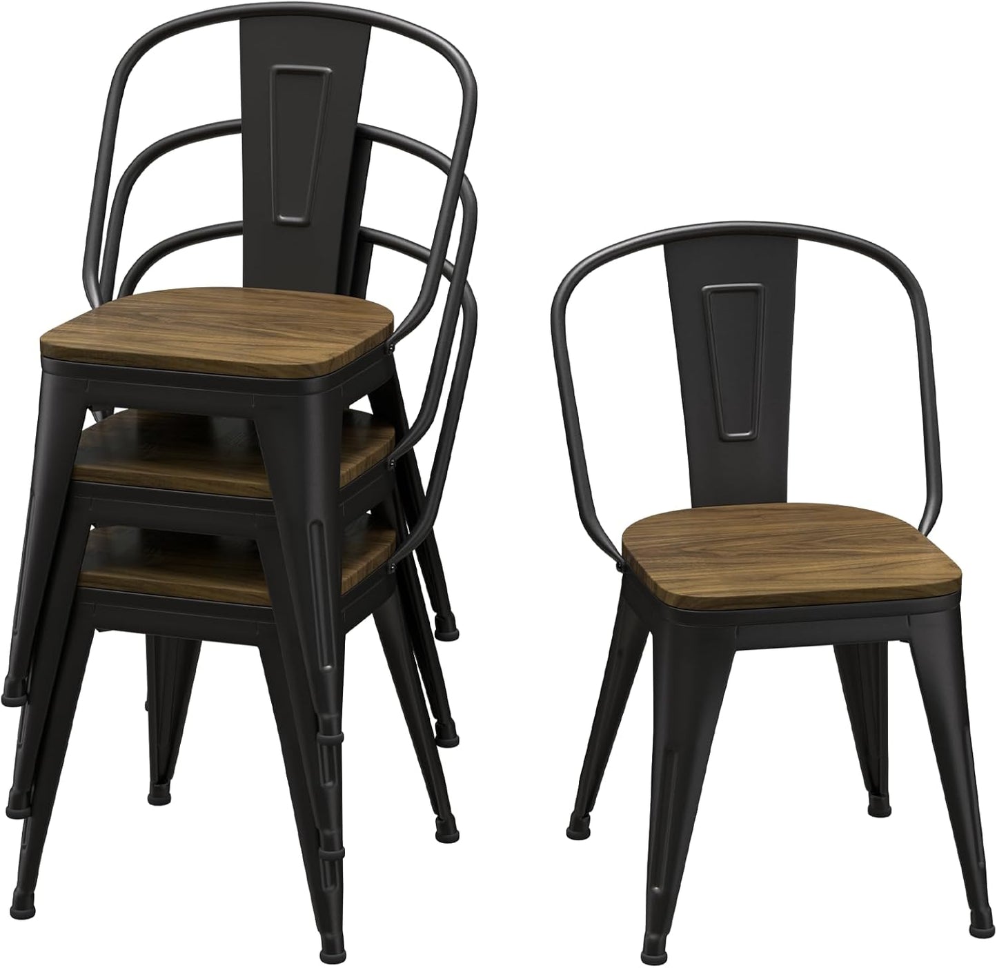 18 Inch Dining Chairs Set of 4, Farmhouse Metal Chairs with High Back and Wooden Seat, Stackable Industrial Bar stools for Dining Room(Black)