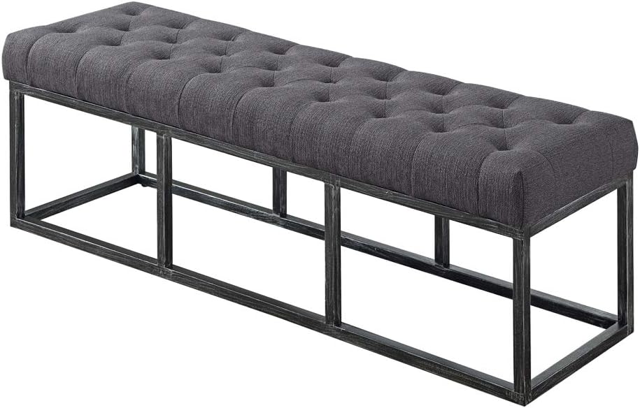 24KF Upholstered Tufted Long Bench with Metal Frame Leg, Linen Bench Ottoman with Padded Seat-Dark Gray