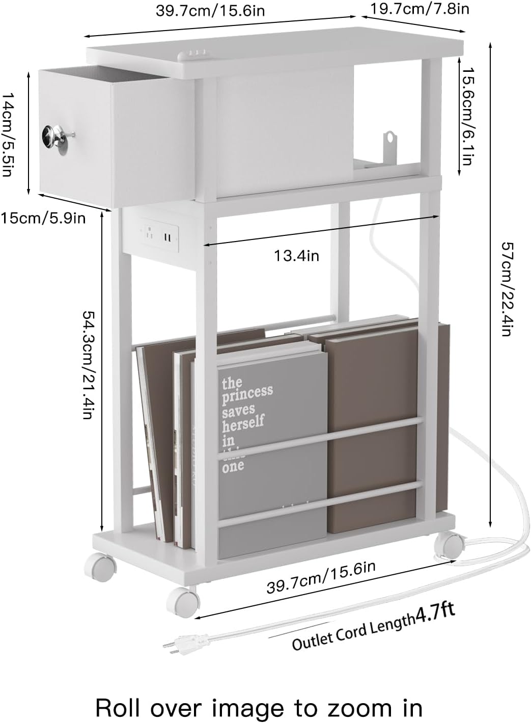 Side Table with Charging Station and Drawer, Narrow End Table with USB Ports and Outlets for Small Space, Living Room, Bedroom and Office, with 4 Wheels (1, White)