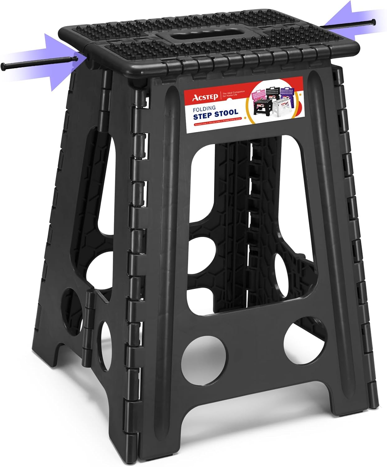 ACSTEP 17.5 Inch Folding Step Stool for Adults and Kids, Non-Slip Plastic Foldable Stepping Stool, Collapsible Folding Stool with Handle Holds Up to 400lbs for Kitchen, Dot Black (1 Pack)