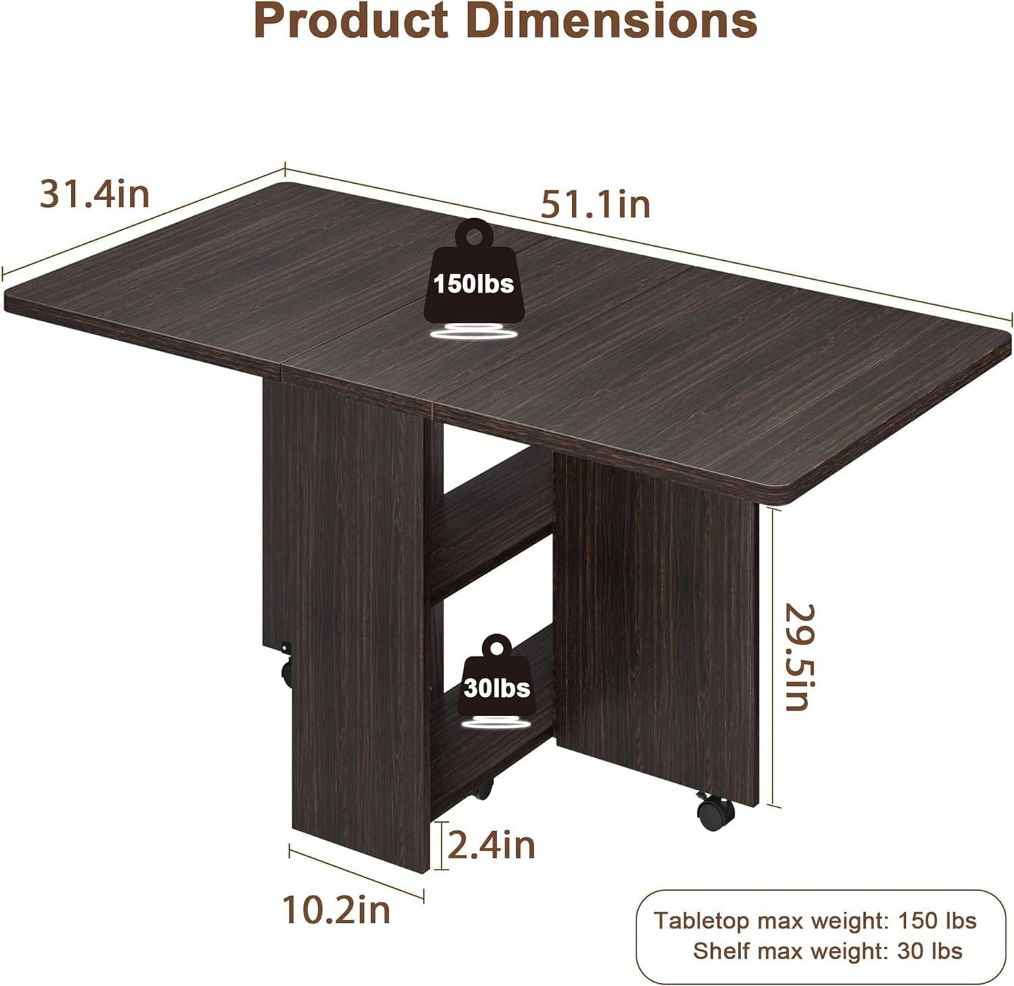 GarveeHome Folding Dining Table, Space Saving Farmhouse Dining Table for 4 Storage Shelf, 6 Wheels Multipose Expandable Kitchen Drop Leaf Table for Small Space (Dark Walnut, 50.1"D x 31.4"W x 29.5"H)