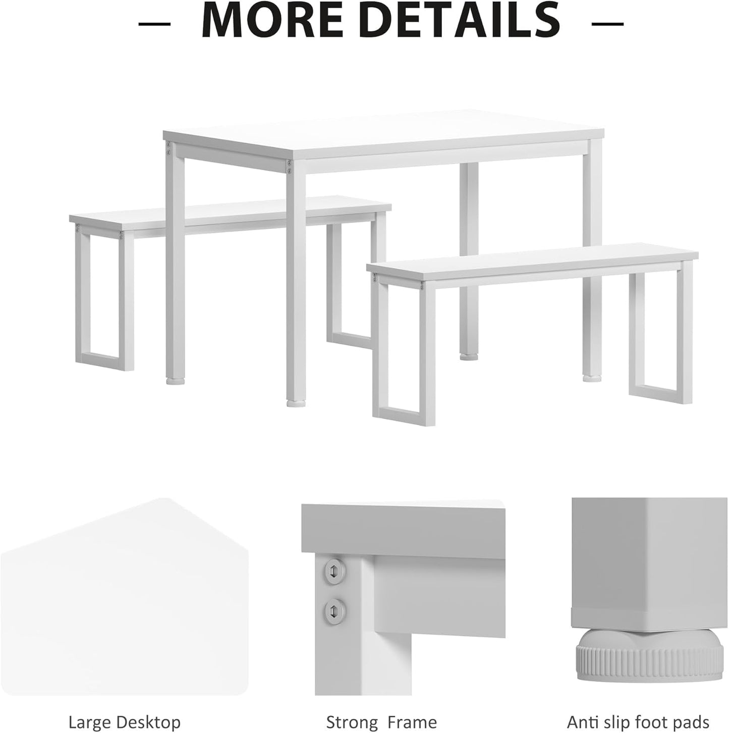 Soges Industrial Style White Dining Table Set for 4, 3 Piece Rectangular Wooden Table and Long Benches, Kitchen and Dining Room Set