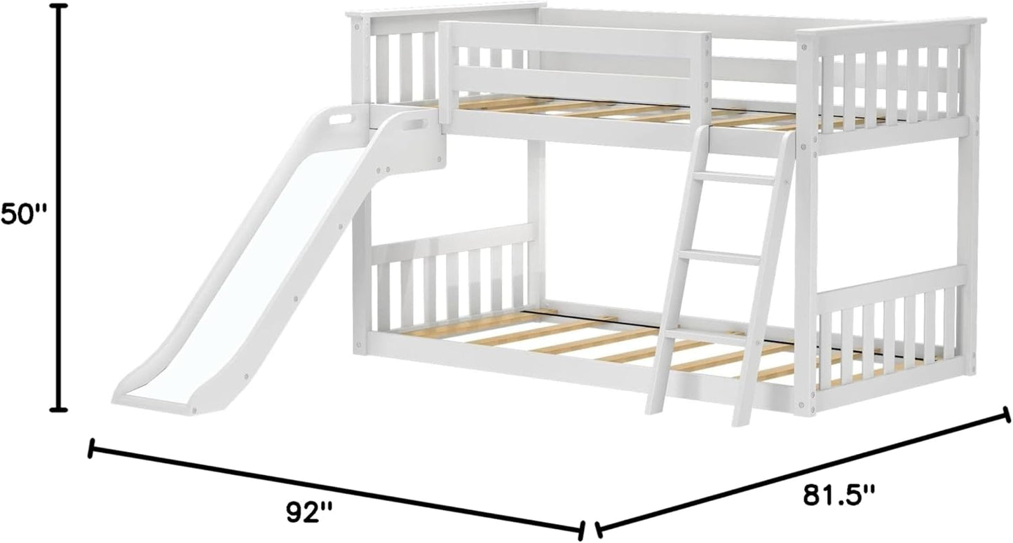 Max & Lily Solid Wood Twin Over Twin Size Low Bunk Beds for Kids with Slide and Ladder, 400 lbs Weight Capacity, 14" Safety Guardrail, Anti-Slip Steps, White