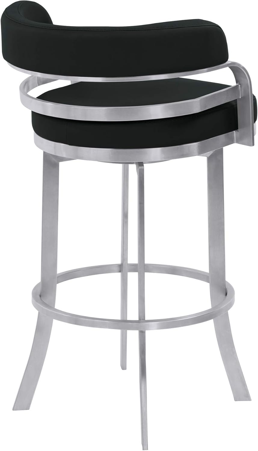 Armen Living Prinz 26" Counter Height Swivel Barstool in Black Faux Leather and Brushed Stainless Steel Finish