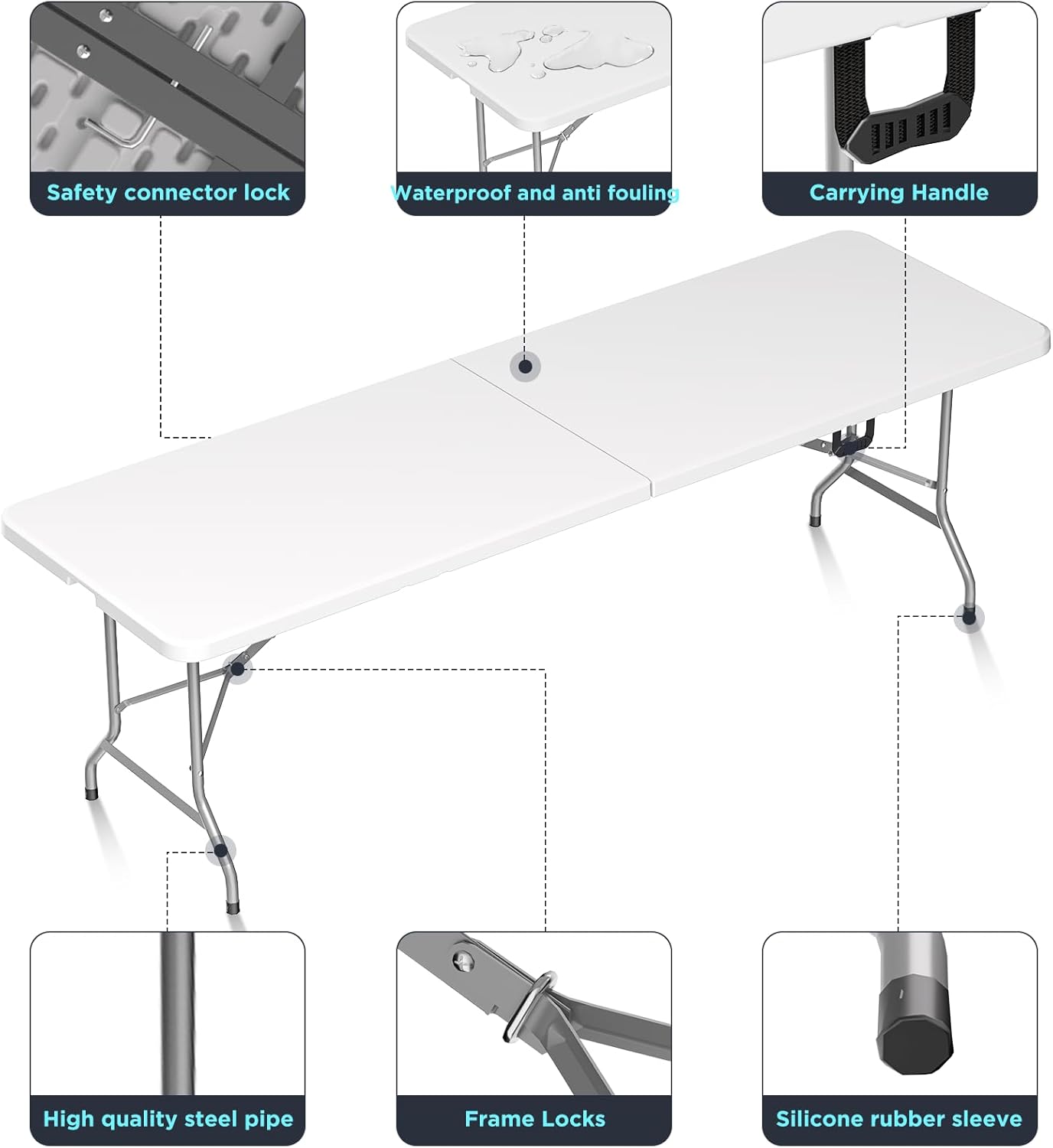 HLPB Folding Table Picnic Table, 8 ft Portable Camping Table with Handle and Safety Locks, Foldable Table Plastic Dining Table Indoor Outdoor for Camping, Picnic and Party