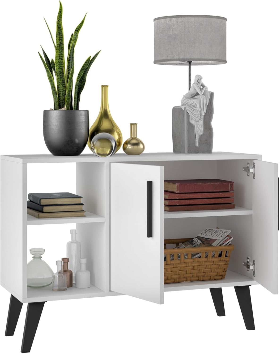 Manhattan Comfort Amsterdam Mid Century Modern Sideboard with 2 Open Cubby Spaces & 2 Concealed Shelves, Versatile and Functional Buffet Cabinet, Media Console for 32'' TV, Matte White