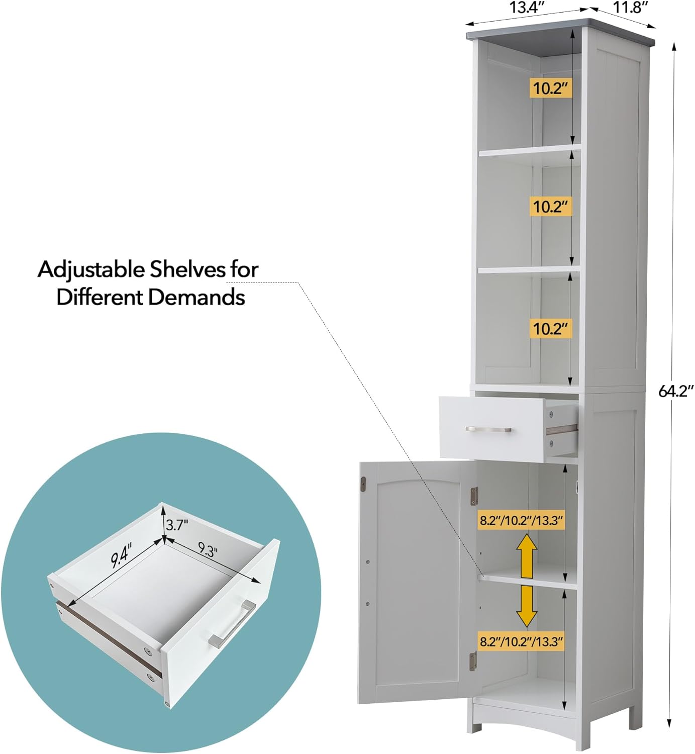 Tall Bathroom Storage Cabinet - 13" Narrow Slim Cabinet with Adjustable Shelves & Anti-Fall Drawers, Freestanding Linen Closet Organizer (Matte White & Grey Top, 64" Tall Cabinet with Doors)