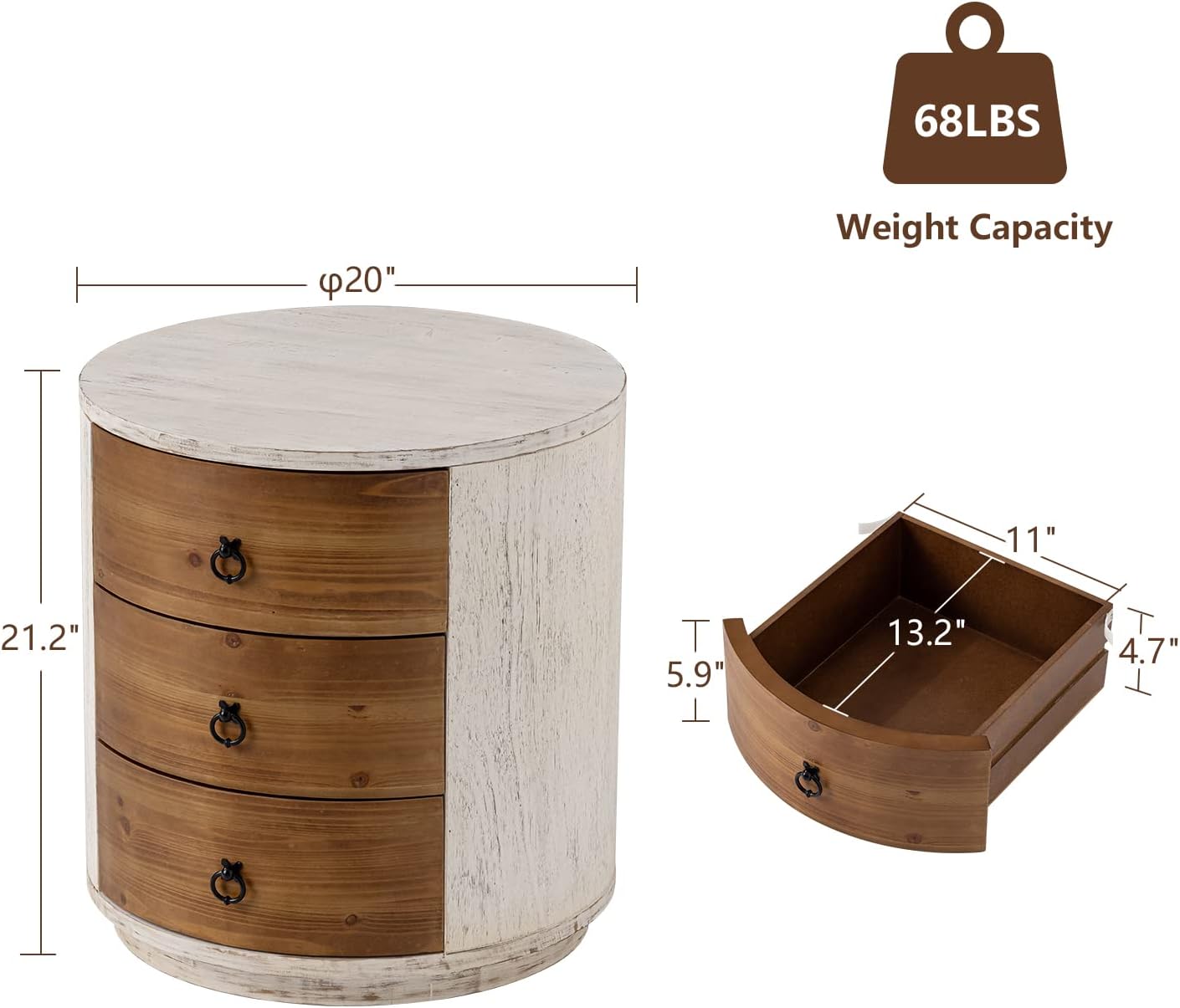 COSIEST 3 Drawer Chest of Drawers, 20 inch MDF Round Storage Cabinet, Retro Whitewash Finish Nightstand, Wood Bedside Table with Drawers for Bedroom Living Room