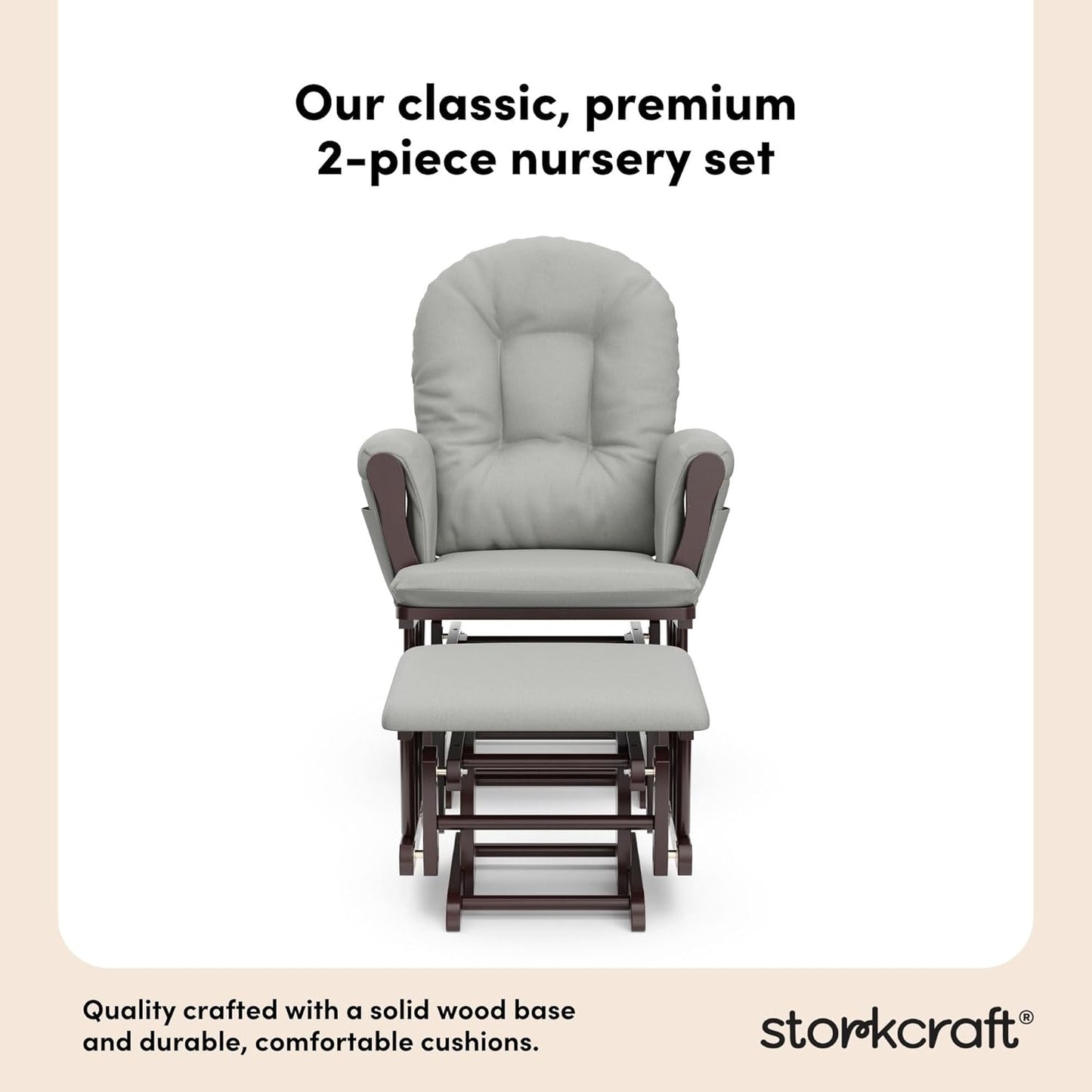 Storkcraft Premium Hoop Glider & Ottoman (Espresso/Light Gray) — GREENGUARD Gold Certified Nursery Glider, Solid Wood Craftsmanship, Smooth-Gliding Nursery Chair and Ottoman, Award-Winning