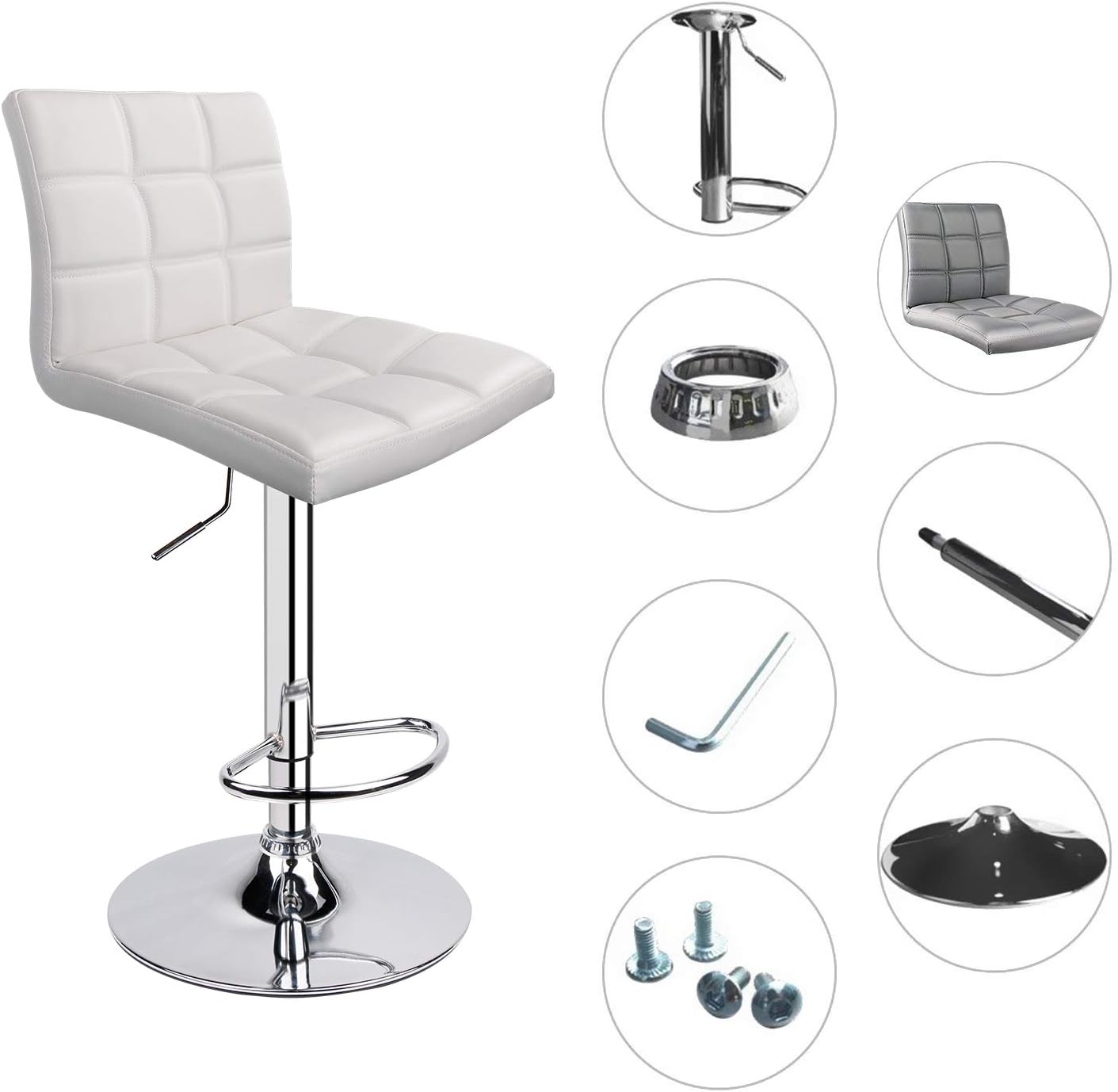 Leopard Modern Square PU Leather Adjustable Bar Stools with Back, Square Back Barstools, Counter Height Swivel Stool - 1 Chair (White)