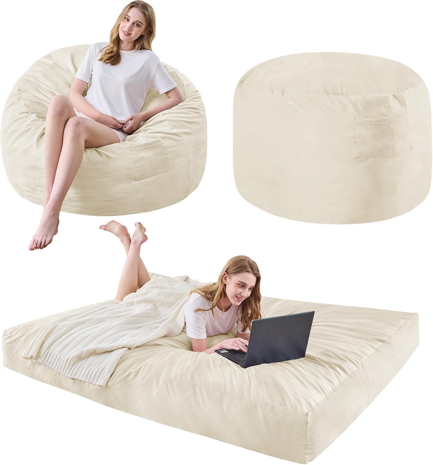 Bean Bag Chairs for Adults - Giant Bean Bag Chair Convertible Bean Bag Bed - Beanbag Chair with Micro Fiber Cover/Furniture Foam Filler - Floor Couch Sofa in Bedroom Dorm Room - Full Beige