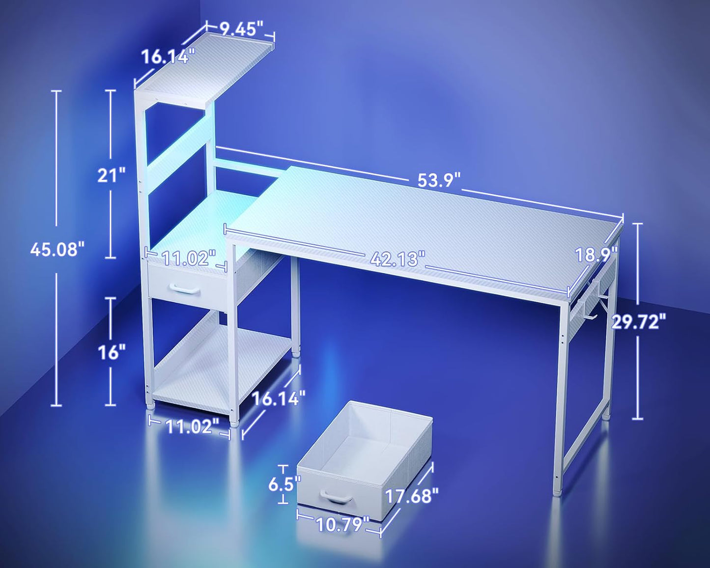 Casaottima 54 Inch Gaming Desk with Storage & LED Lights, Reversible Computer Desk with Display Shelves & Fabric Drawer, Modern Gamer Desk Table with Side Headphone Hook, Carbon Fiber White
