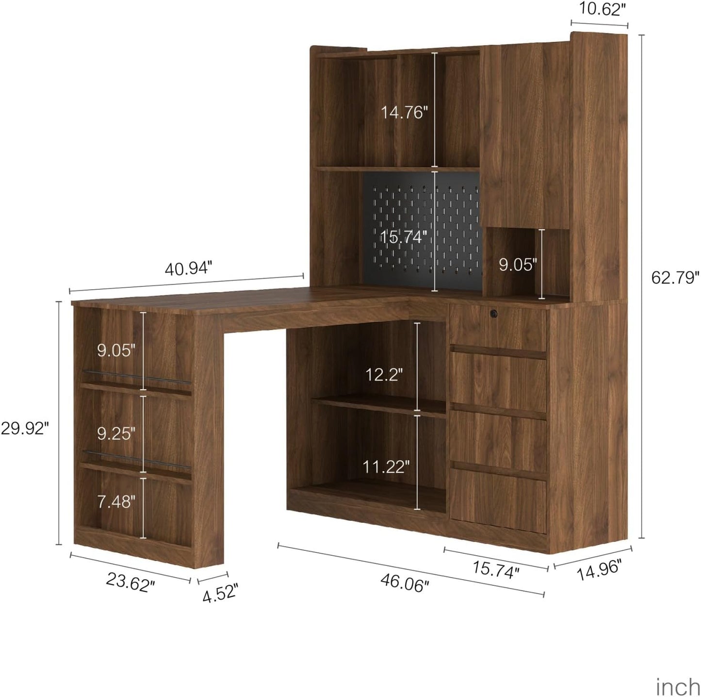 KEIKI L Shaped Home Office Desks with LED Light, Pegboard, Hutch, Drawers, Bookshelf & Storage Shelves, Modern Wooden Gaming Computer Corner Table for Work, Study, Writing