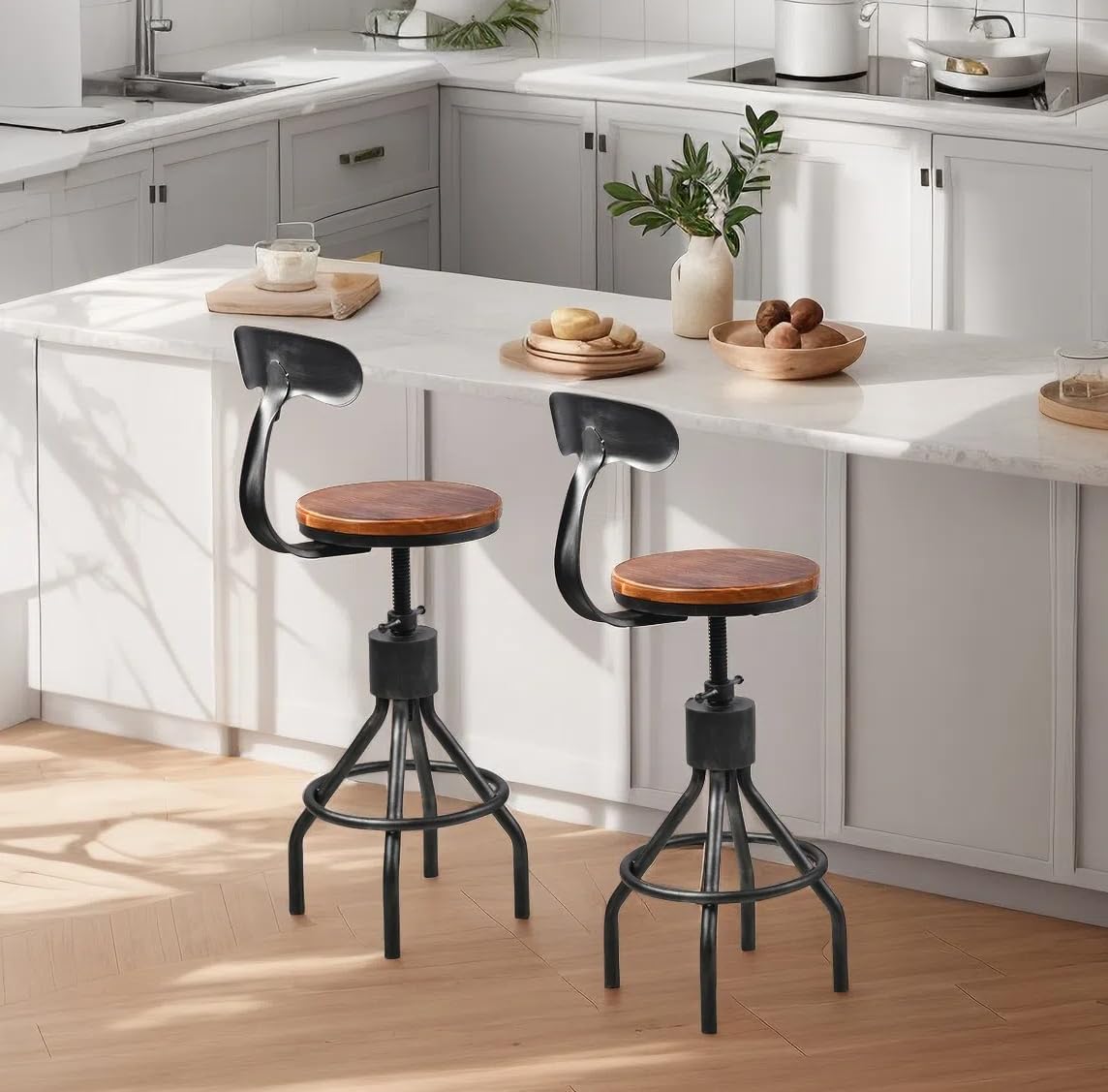 Set of 2 Vintage Bar Stool- Industrial Swivel Kitchen Dining Chair-Counter Height 23-33"-with Backrest