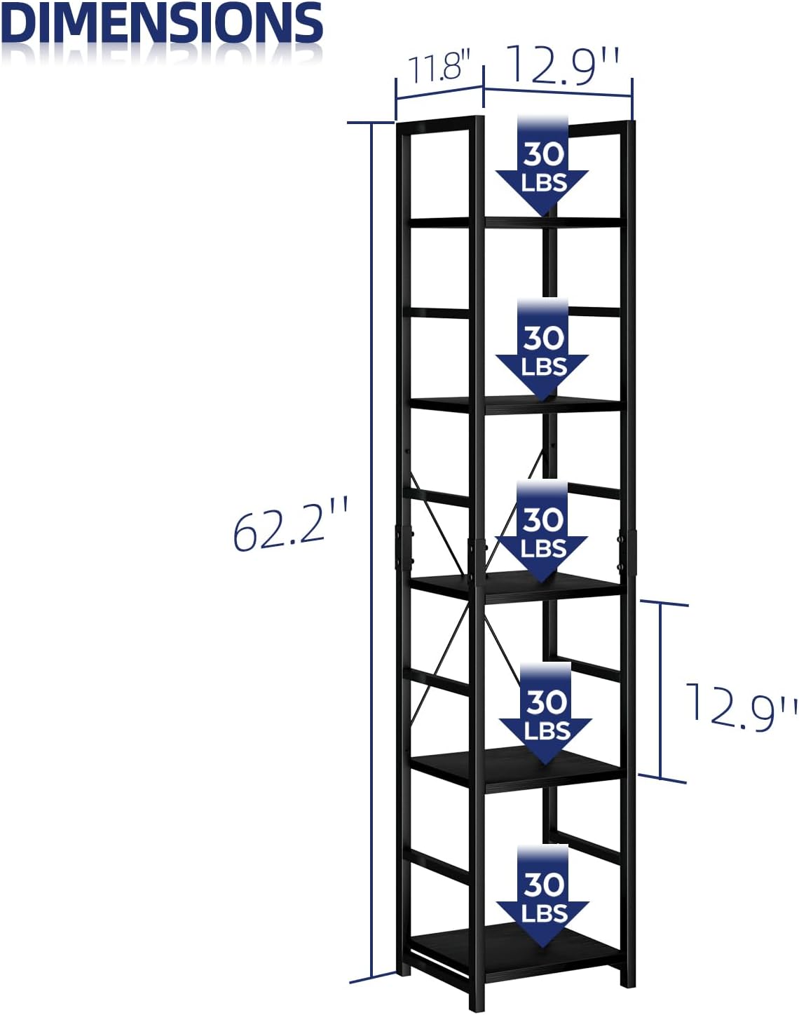 NUMENN 5 Tier Slim Bookshelf, Tall Bookcase Shelf Storage Organizer, Modern Book Shelf for Bedroom, Living Room and Home Office, Black