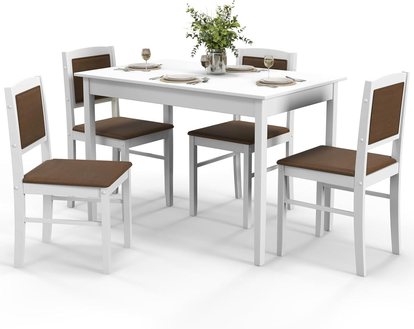 Giantex 5-Piece Dining Table Set for 4 - Breakfast Nook Table Set with Kitchen Table, 4 Upholstered Chairs, Wood Legs, Space-Saving Dinette Set, Kitchen Table Chairs Set of 4 (White+Brown)