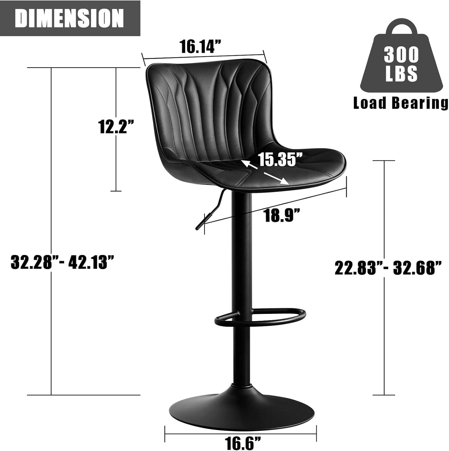 YOUNIKE Black Bar Stools Set of 2 Upholstered Modern Swivel Counter Height Bar Chair with Back Adjustable Kitchen Island Tall Faux Leather Padded Barstools Metal Breakfast