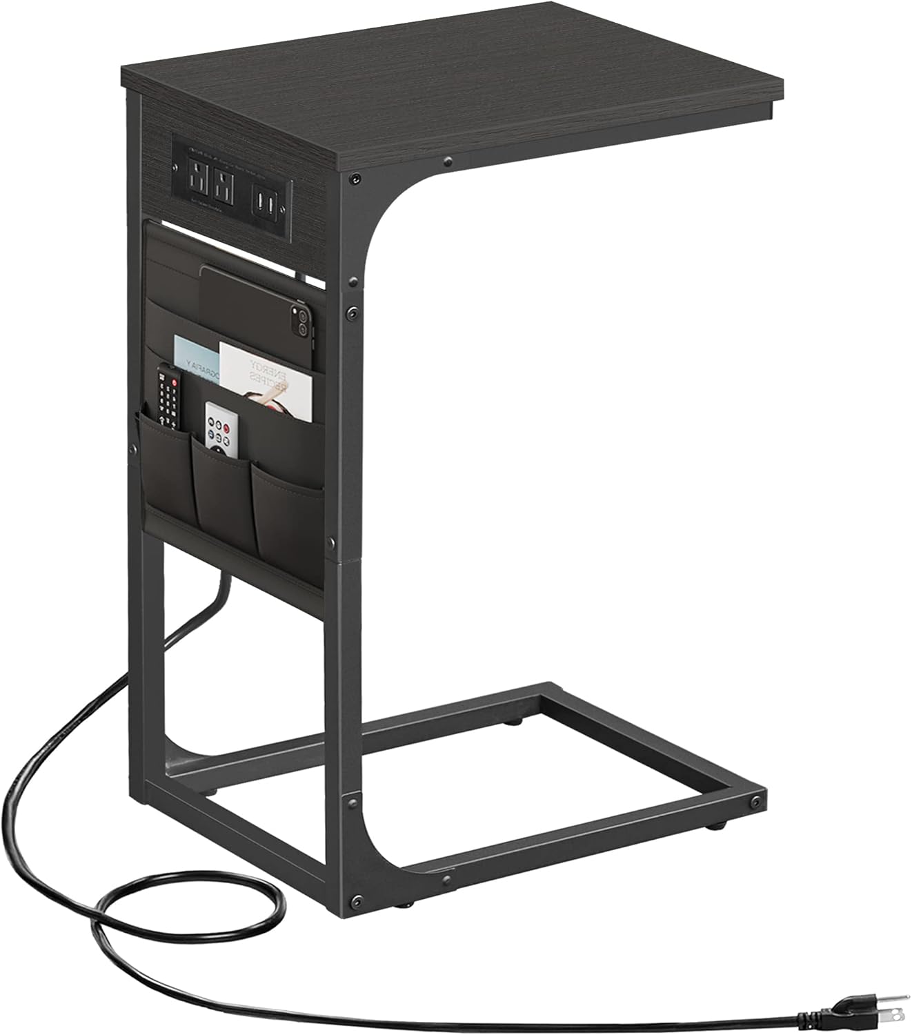 TUTOTAK C Shaped End Table with Charging Station, Side Table for Sofa and Couch with Storage, TV Tray Table with 2 USB Ports & Outlets - Black TB01BK024