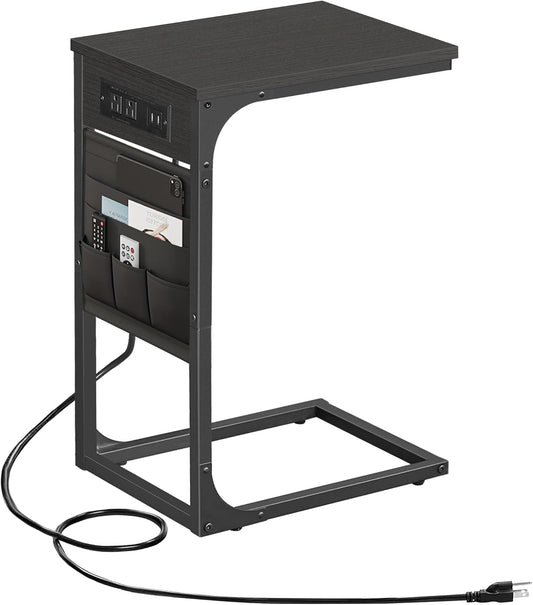 TUTOTAK C Shaped End Table with Charging Station, Side Table for Sofa and Couch with Storage, TV Tray Table with 2 USB Ports & Outlets - Black TB01BK024