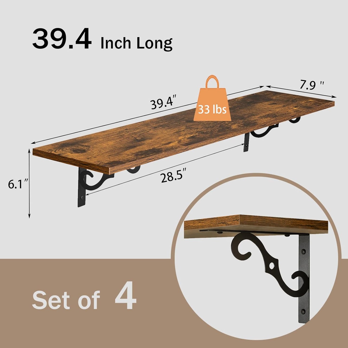 DINZI LVJ Long Wall Shelves, 39.4 Inch Large Floating Shelves Set of 4, Wide Display Shelf Wall Mounted with Brackets, Easy Hanging for Living Room, Toilet, Office, Bedroom, Rustic Brown