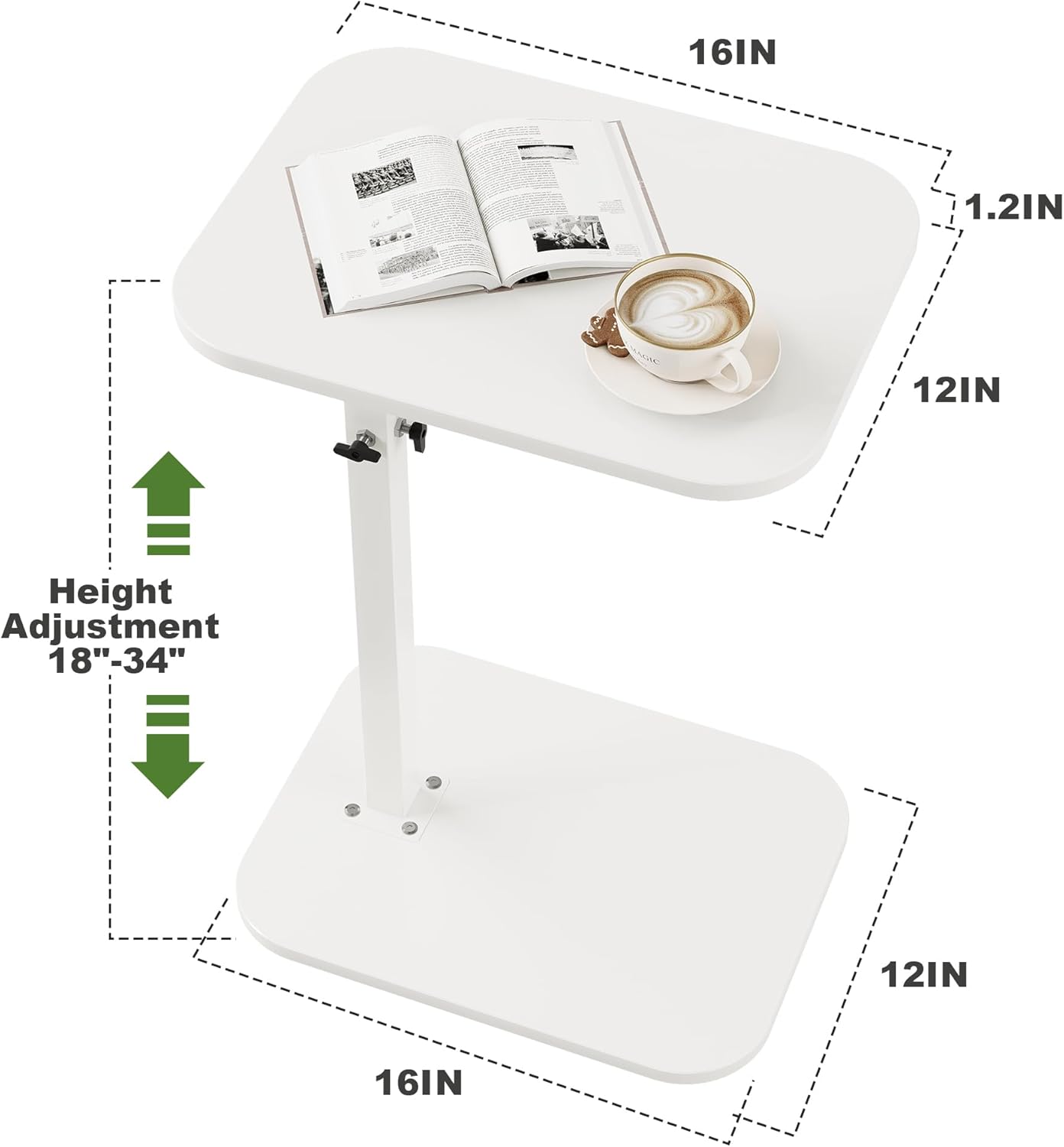 C Shaped End Table for Couch, Adjustable Height Couch Side Table, Horizontal 360°Swivel Small TV Tray Table Couch Side Tables That Slide Under (White)